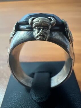 Antique Sterling 10k Clark&Combs Black Onyx Viking Figures Longship Ring Sz 12